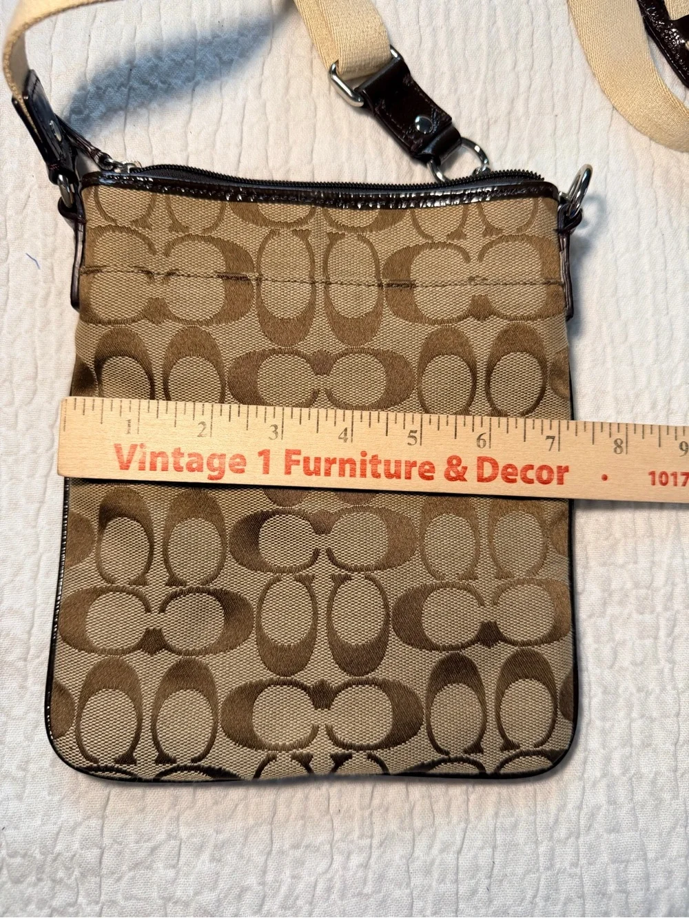 Coach Brown Signature Canvas Messenger Bag with Tan Strap